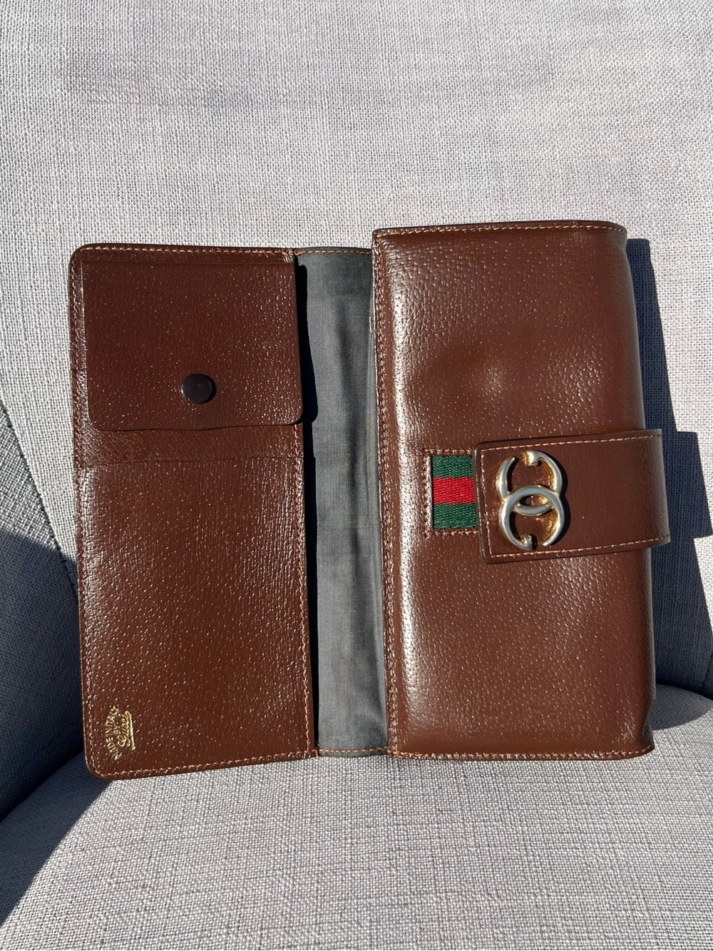 Gucci Web Sherry Line brown leather clutch bag wallet - Picture 5 of 12